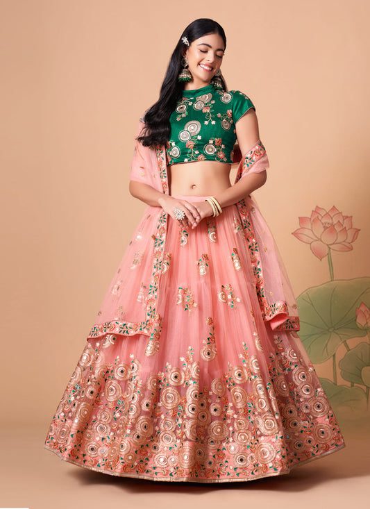 Alluring Coral Pink Net Embroidered Designer Lehenga Choli