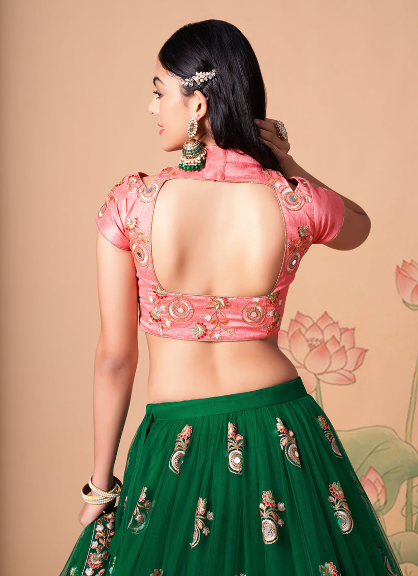 Delicate Forest Green Net Embroidered Designer Lehenga Choli