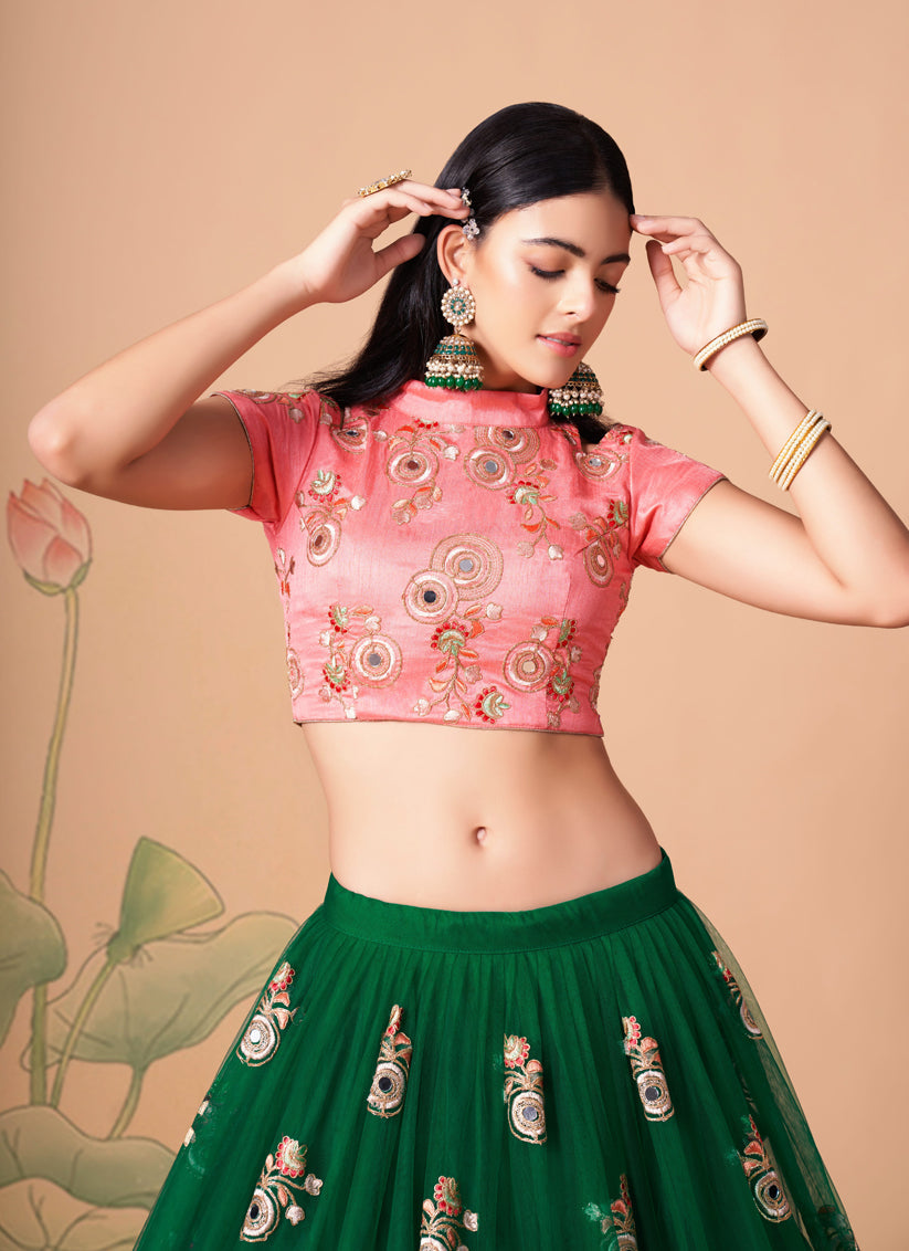 Delicate Forest Green Net Embroidered Designer Lehenga Choli