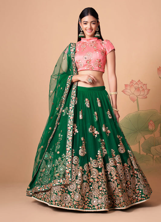 Delicate Forest Green Net Embroidered Designer Lehenga Choli