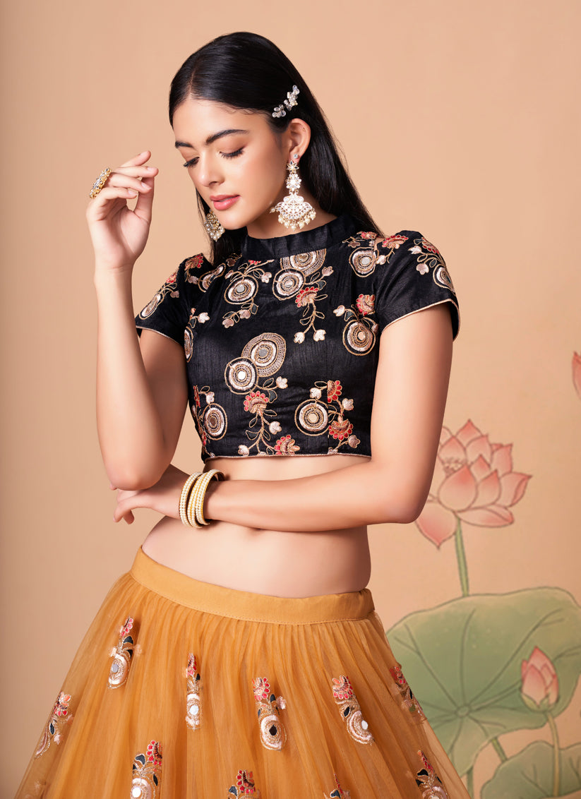 Immaculate Golden Net Embroidered Designer Lehenga Choli