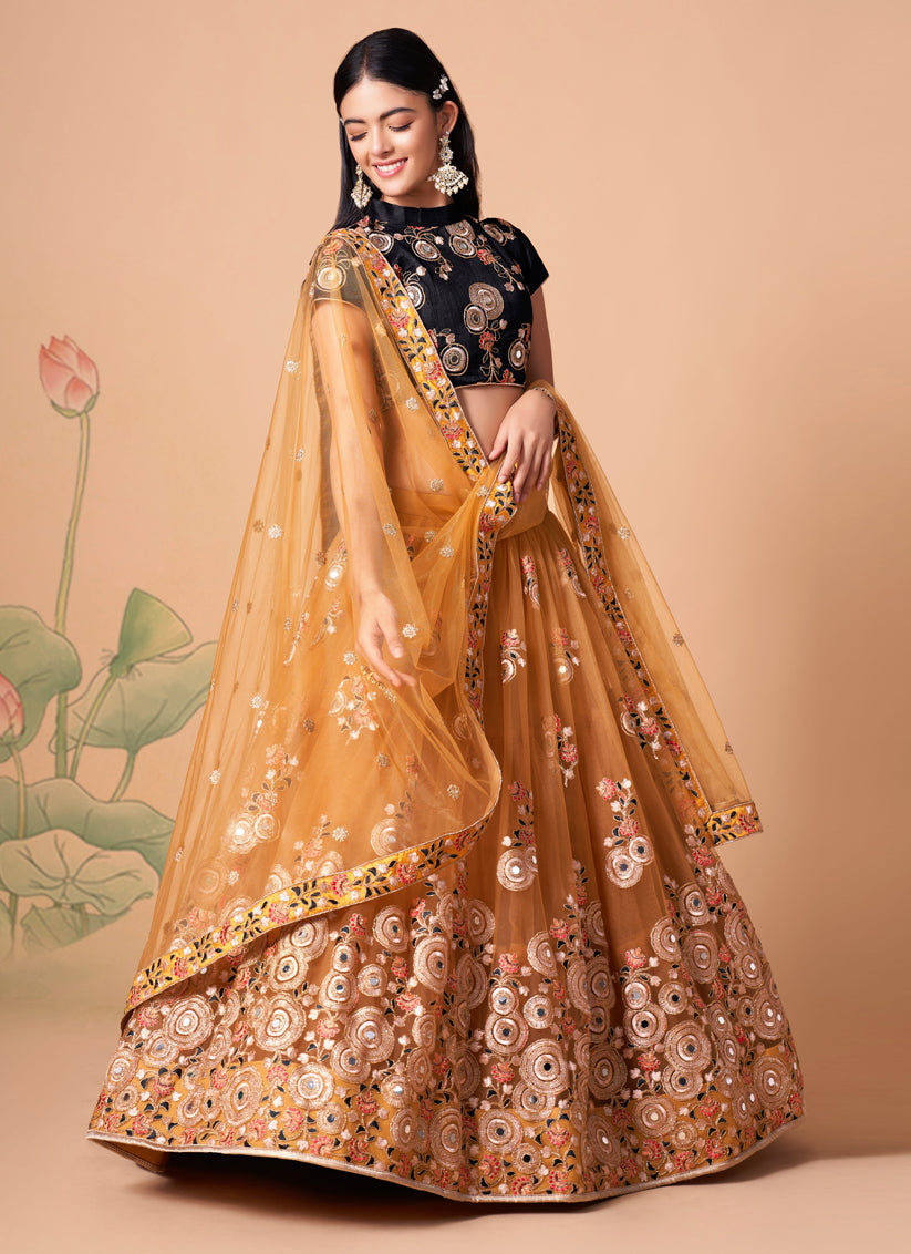 Immaculate Golden Net Embroidered Designer Lehenga Choli