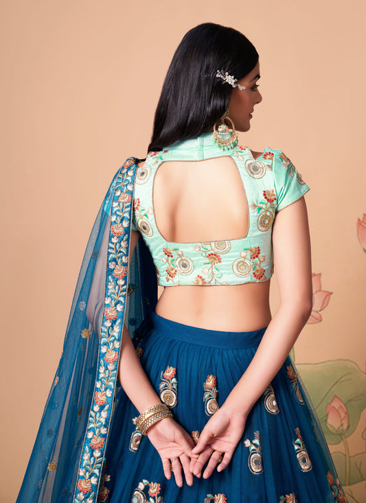 Dashing Cobalt Blue Net Embroidered Designer Lehenga Choli