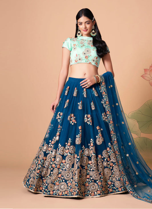 Dashing Cobalt Blue Net Embroidered Designer Lehenga Choli