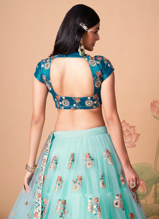 Sleek Aqua Blue Net Embroidered Designer Lehenga Choli