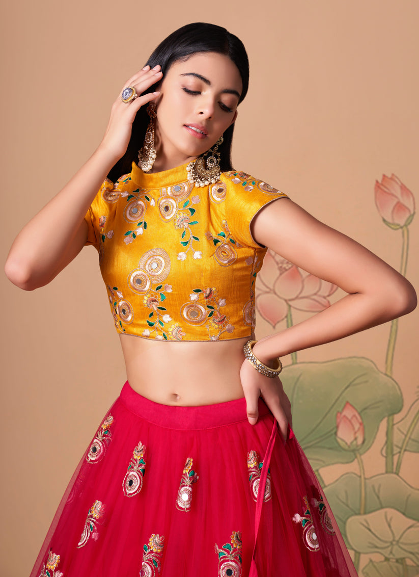 Outstanding Hot Pink Net Embroidered Designer Lehenga Choli