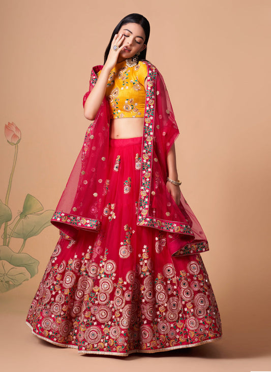 Outstanding Hot Pink Net Embroidered Designer Lehenga Choli