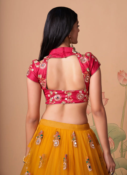 Dazzling Golden Yellow Net Embroidered Designer Lehenga Choli