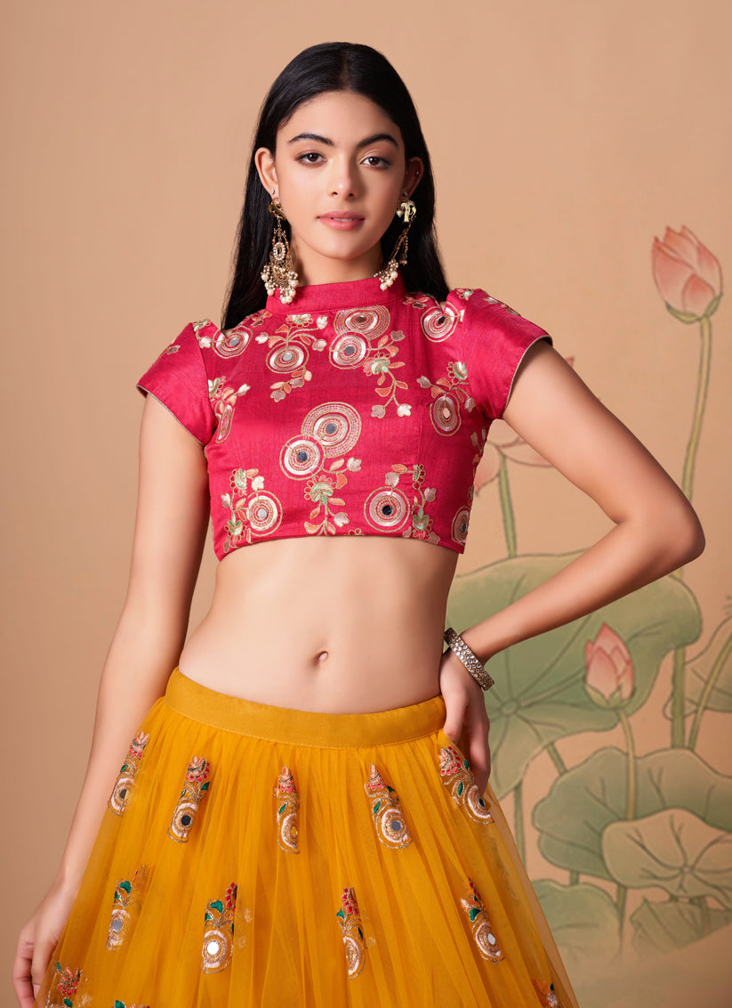 Dazzling Golden Yellow Net Embroidered Designer Lehenga Choli