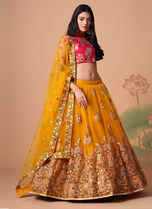 Dazzling Golden Yellow Net Embroidered Designer Lehenga Choli