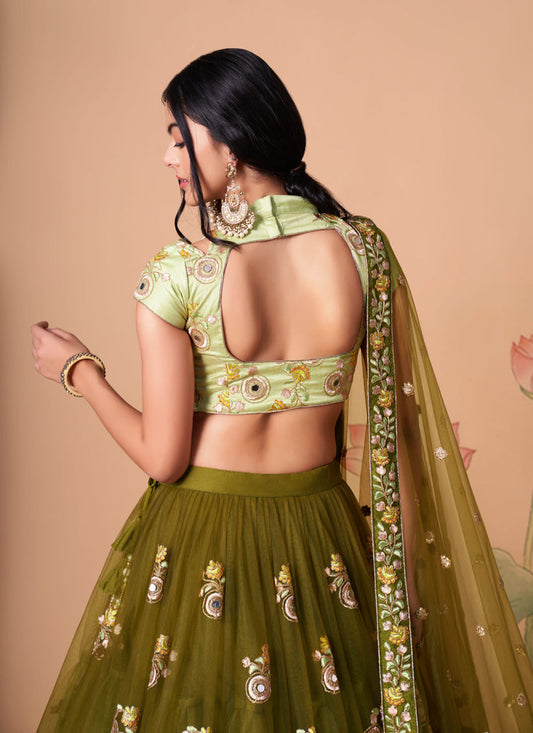 Incredible Mehendi Green Net Embroidered Designer Lehenga Choli