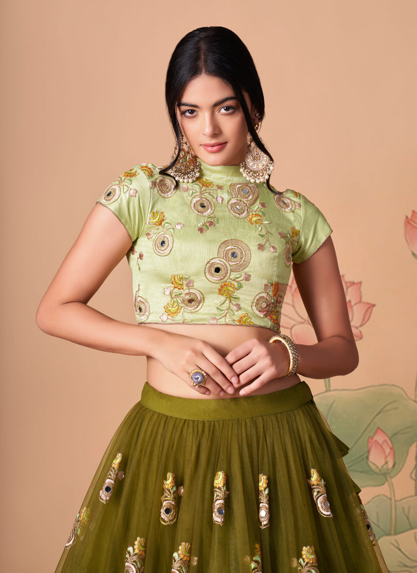 Incredible Mehendi Green Net Embroidered Designer Lehenga Choli
