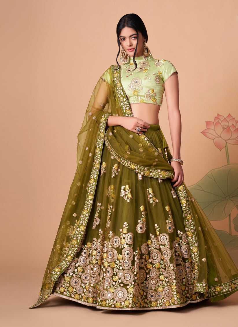 Incredible Mehendi Green Net Embroidered Designer Lehenga Choli