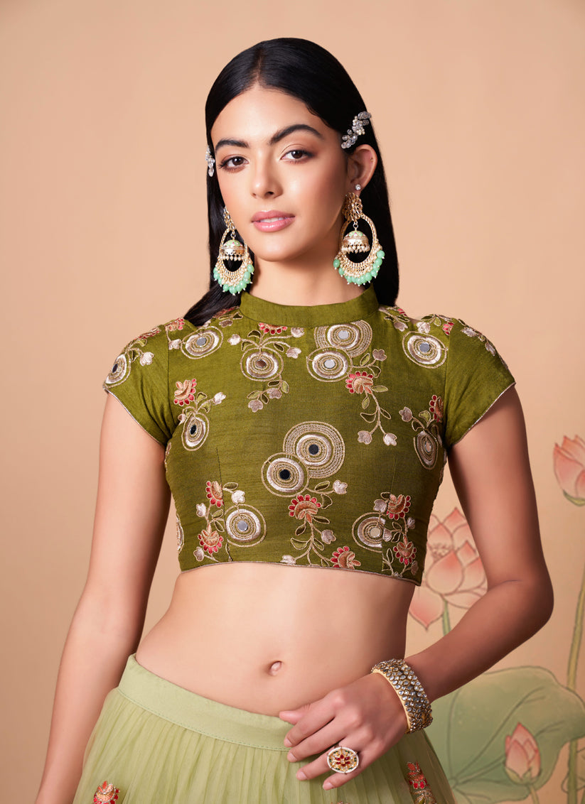 Gorgeous Pastel Green Net Embroidered Designer Lehenga Choli