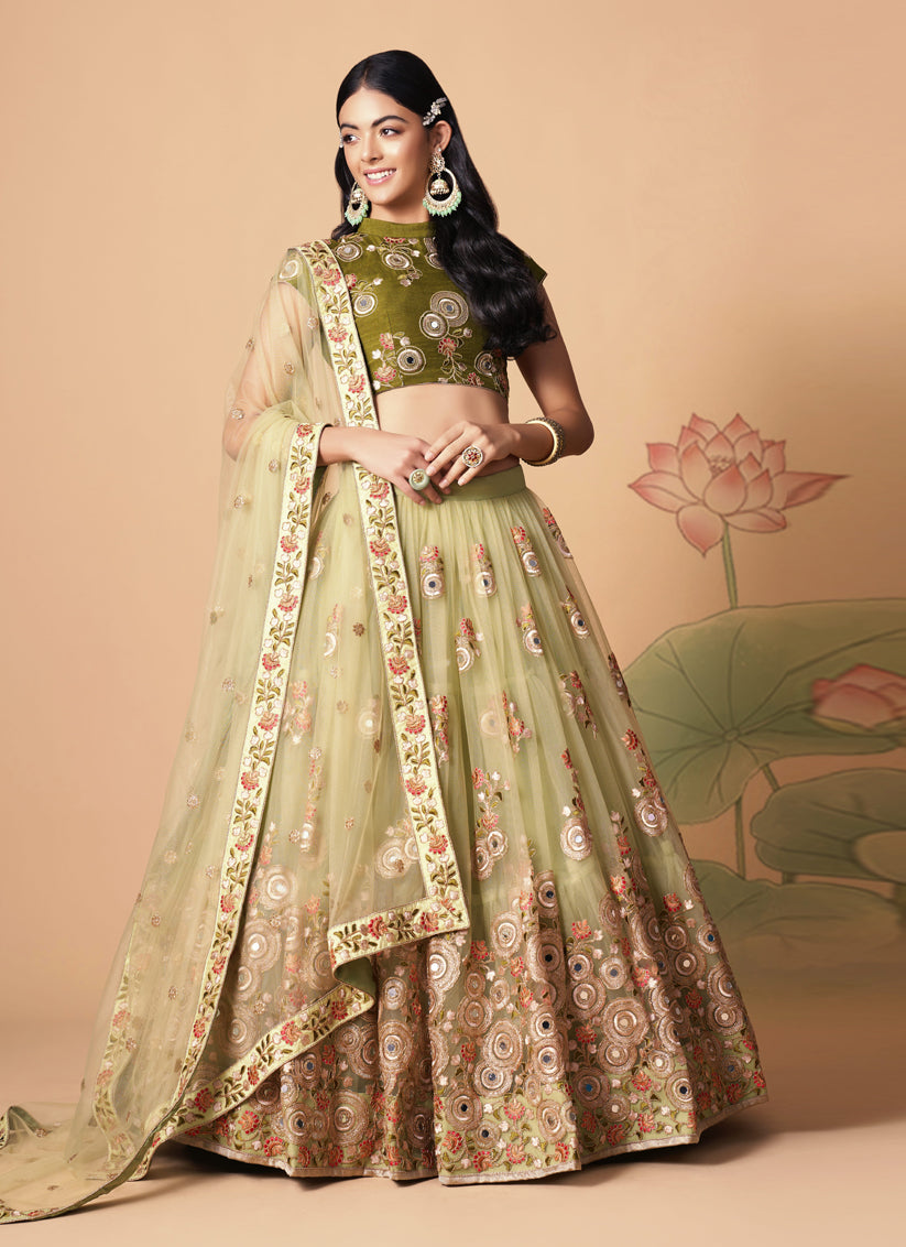 Gorgeous Pastel Green Net Embroidered Designer Lehenga Choli