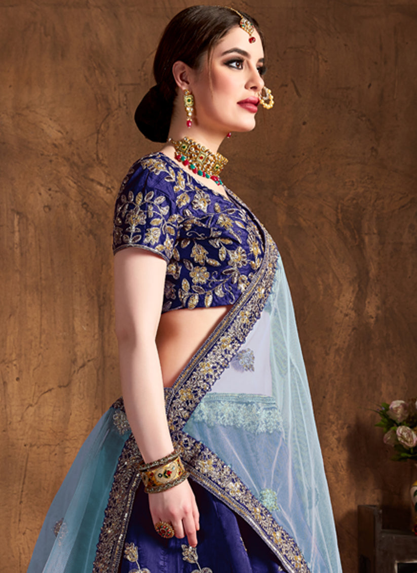 Charismatic Navy Blue Raw Silk Embroidered Designer Lehenga Choli