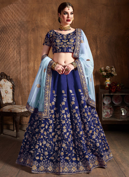Charismatic Navy Blue Raw Silk Embroidered Designer Lehenga Choli