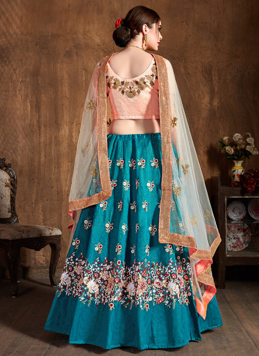 Astonishing Teal Blue Raw Silk Embroidered Designer Lehenga Choli