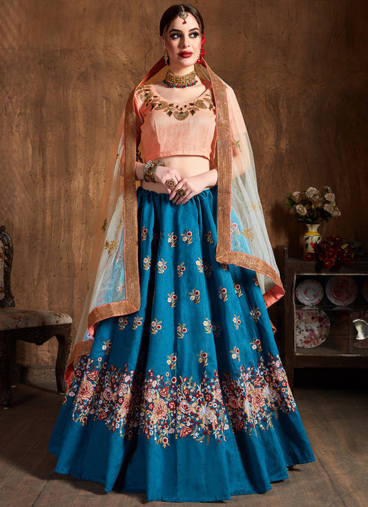 Astonishing Teal Blue Raw Silk Embroidered Designer Lehenga Choli