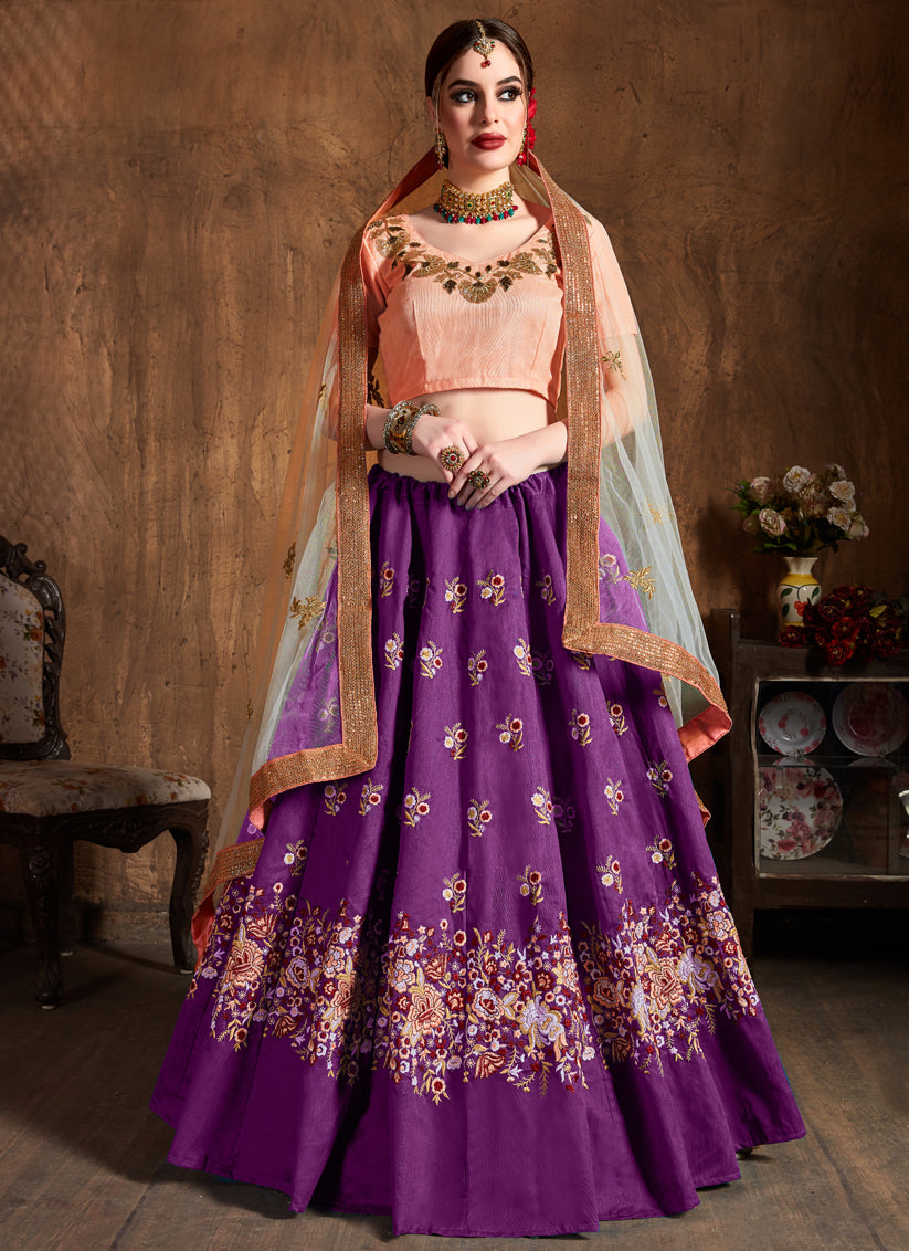 Stunning Purple Raw Silk Embroidered Designer Lehenga Choli