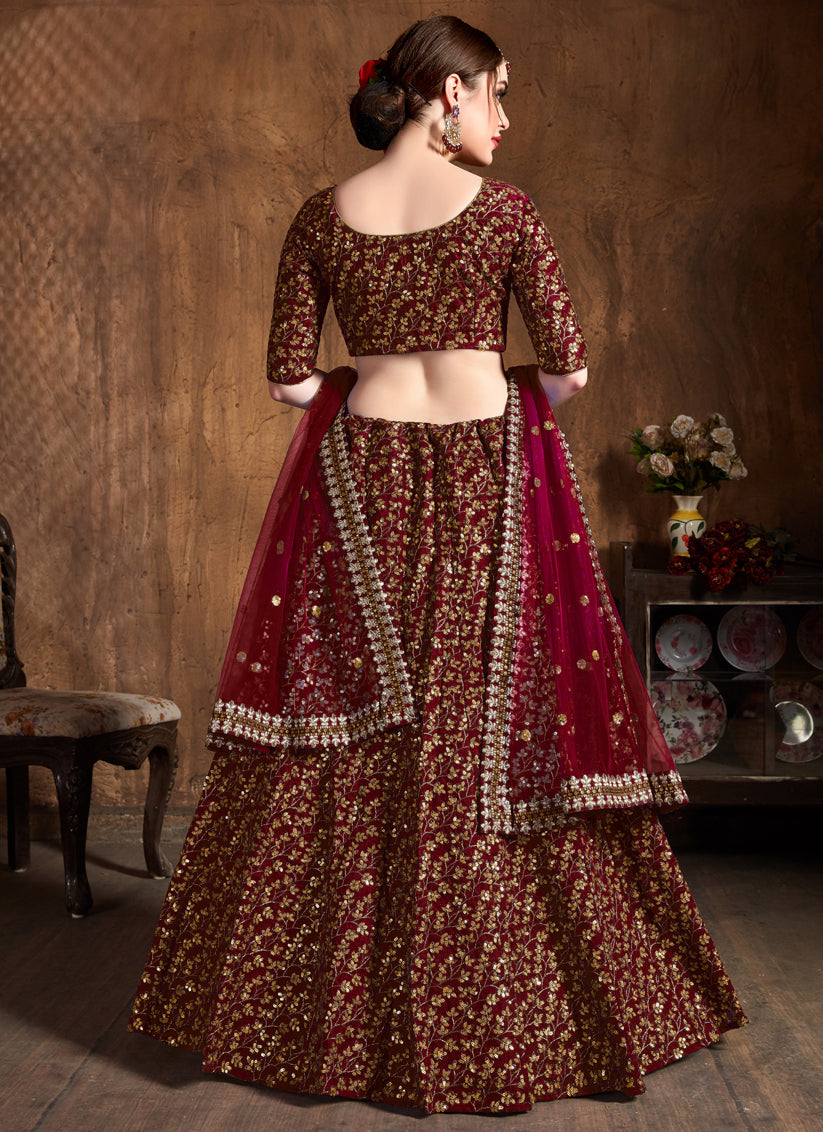 Maroon Raw Silk Embroidered Designer Lehenga Choli