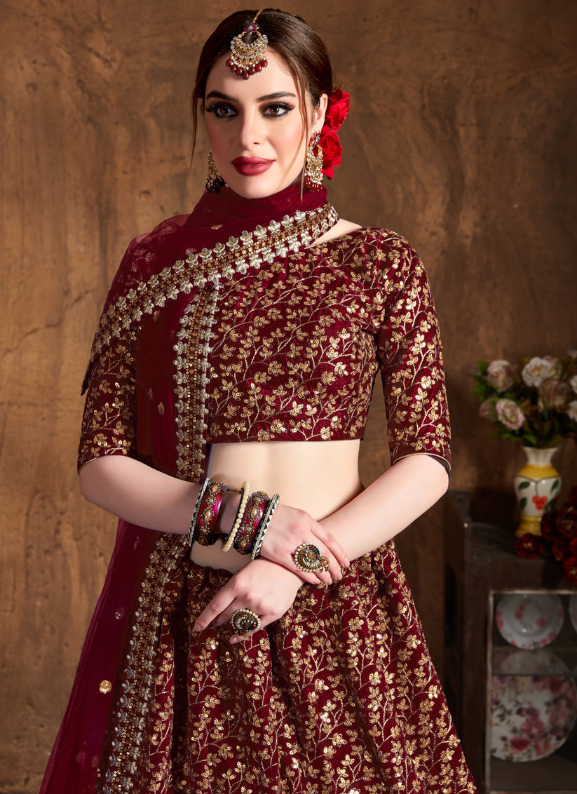 Maroon Raw Silk Embroidered Designer Lehenga Choli