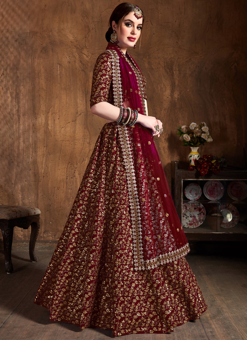 Maroon Raw Silk Embroidered Designer Lehenga Choli