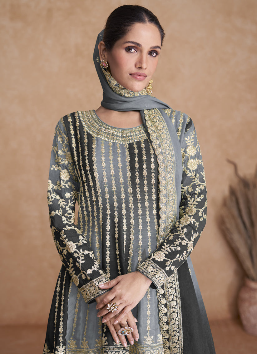 Smoke Grey and Black Chinnon Embroidered Designer Palazzo Suit