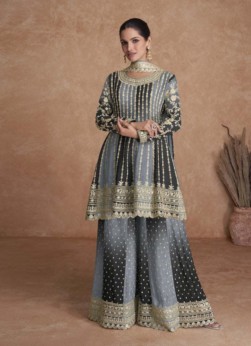 Smoke Grey and Black Chinnon Embroidered Designer Palazzo Suit