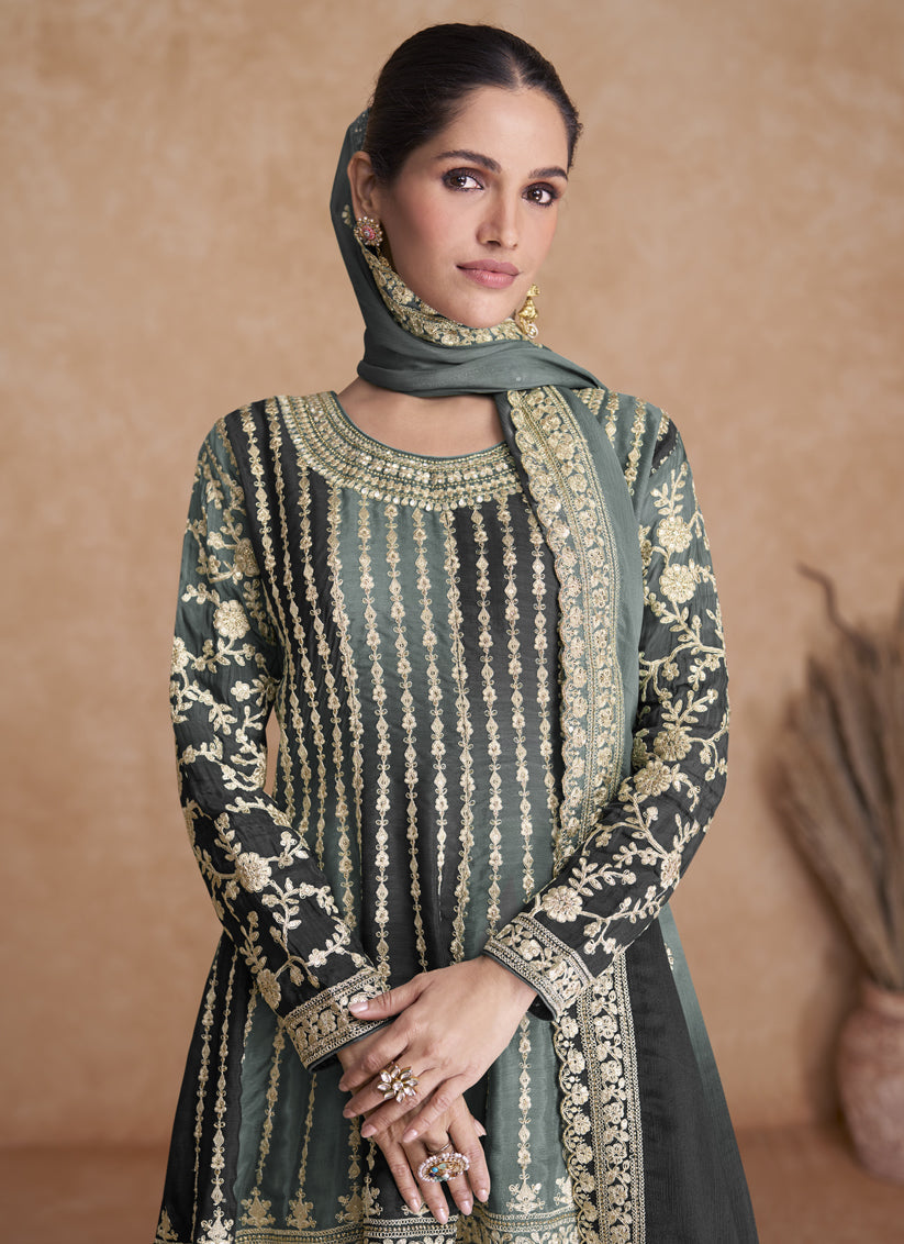 Moss Grey and Black Chinnon Embroidered Designer Palazzo Suit