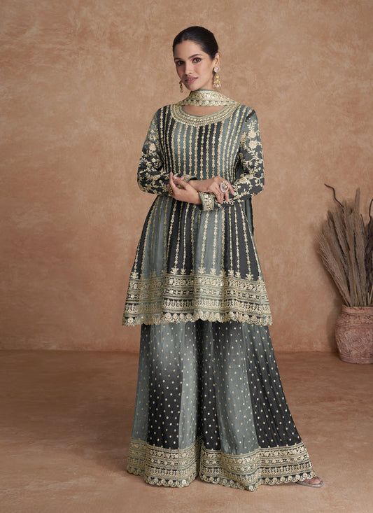 Moss Grey and Black Chinnon Embroidered Designer Palazzo Suit