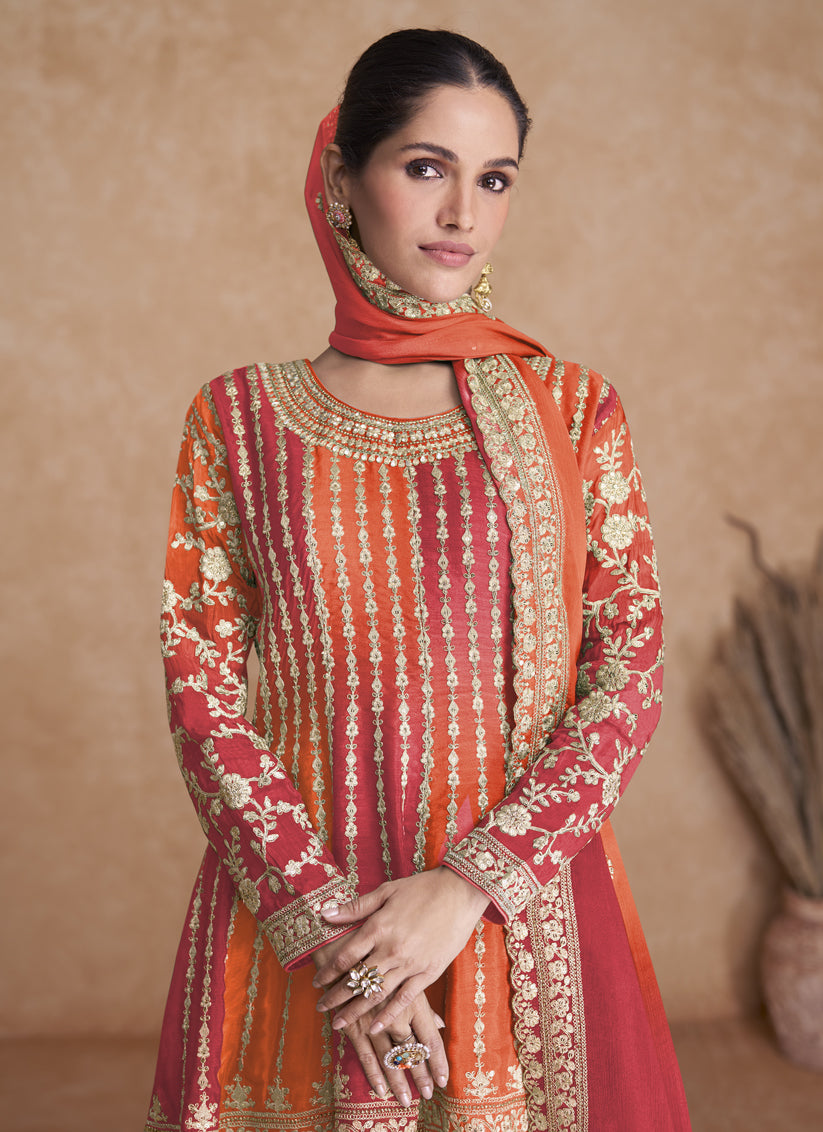 Flame Orange and Cherry Red Chinnon Embroidered Designer Palazzo Suit