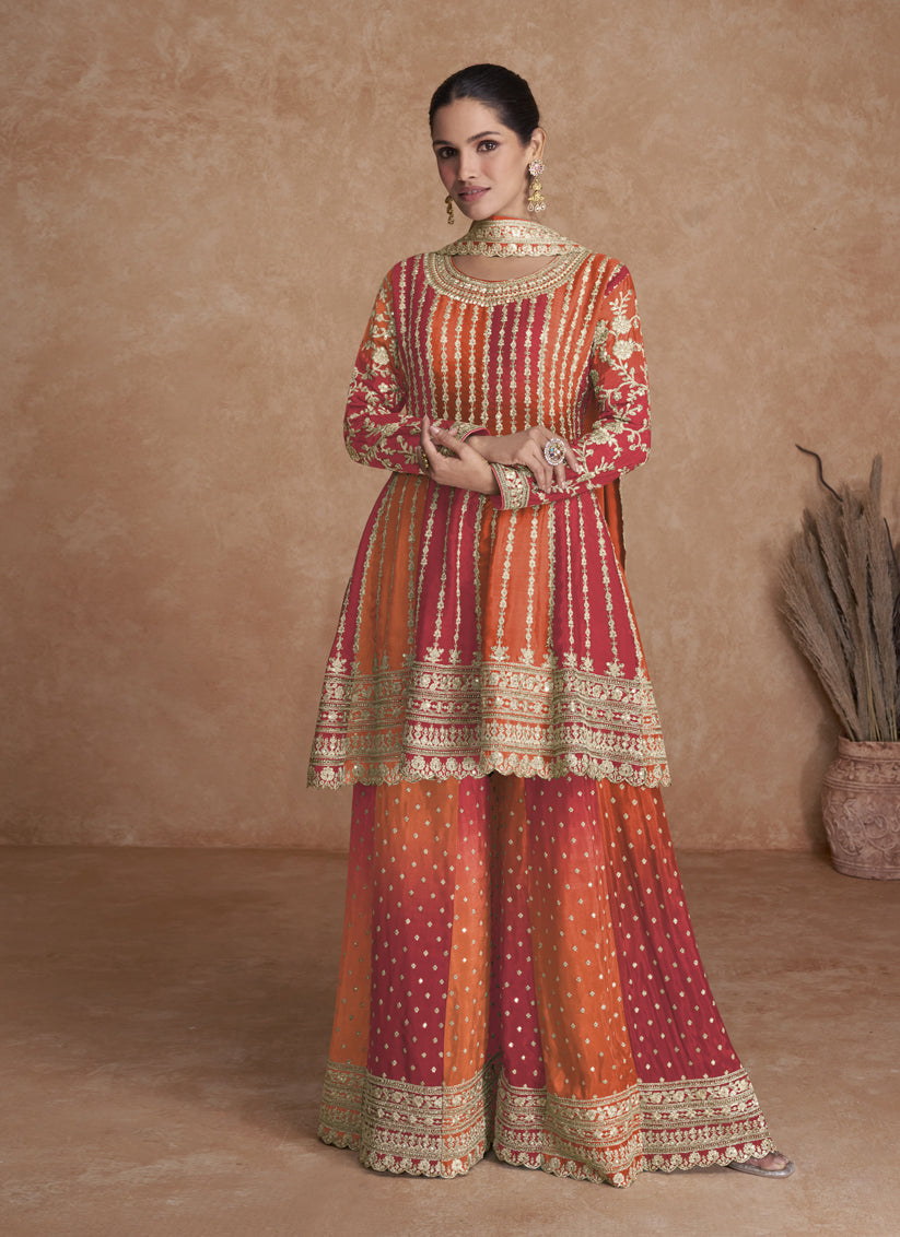 Flame Orange and Cherry Red Chinnon Embroidered Designer Palazzo Suit
