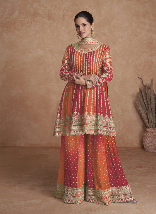 Flame Orange and Cherry Red Chinnon Embroidered Designer Palazzo Suit