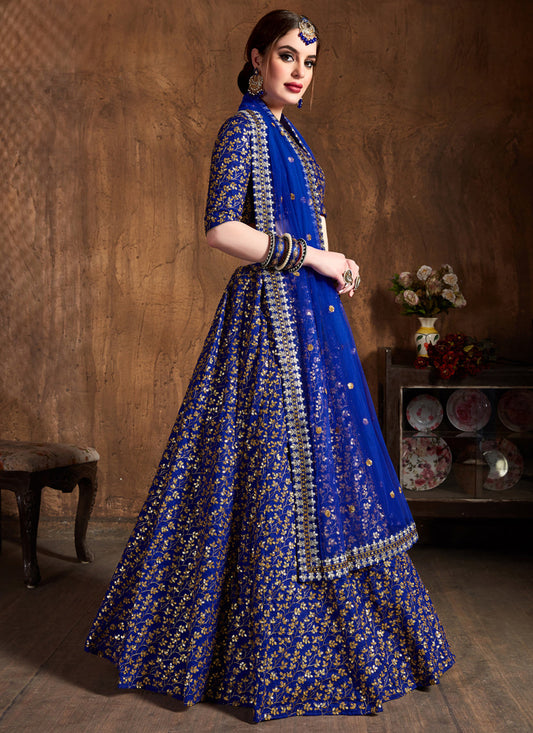 Elegant Royal Blue Raw Silk Embroidered Designer Lehenga Choli