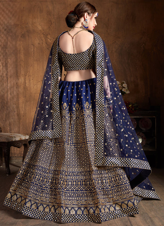 Captivating Navy Blue Raw Silk Embroidered Designer Lehenga Choli