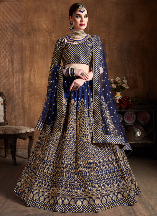 Captivating Navy Blue Raw Silk Embroidered Designer Lehenga Choli