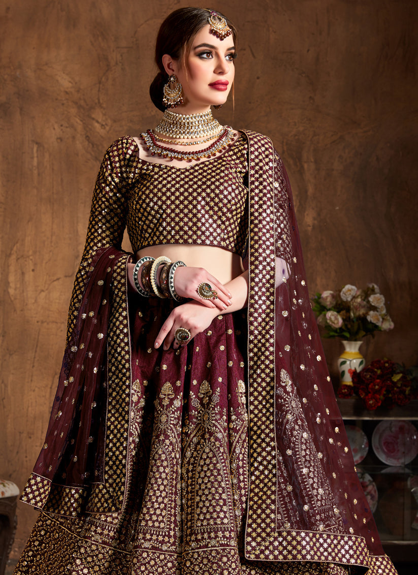 Sweet Maroon Raw Silk Embroidered Designer Lehenga Choli