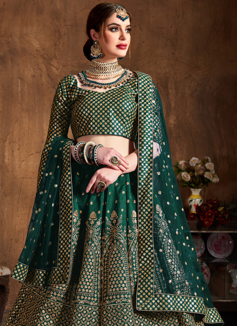 Stylish Green Raw Silk Embroidered Designer Lehenga Choli