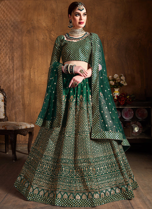 Stylish Green Raw Silk Embroidered Designer Lehenga Choli