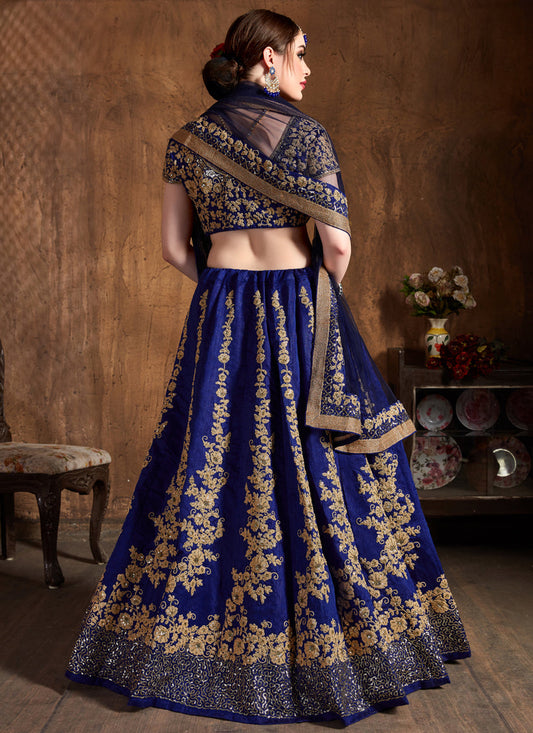 Beautiful Navy Blue Raw Silk Embroidered Designer Lehenga Choli