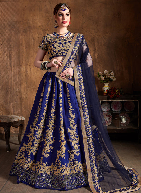 Beautiful Navy Blue Raw Silk Embroidered Designer Lehenga Choli