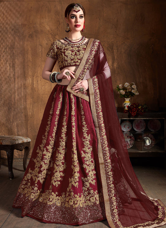 Voguish Maroon Raw Silk Embroidered Designer Lehenga Choli