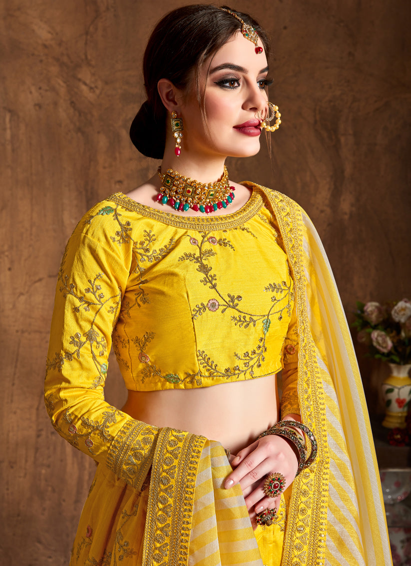 Opulent Yellow Mulberry Silk Embroidered Designer Lehenga Choli