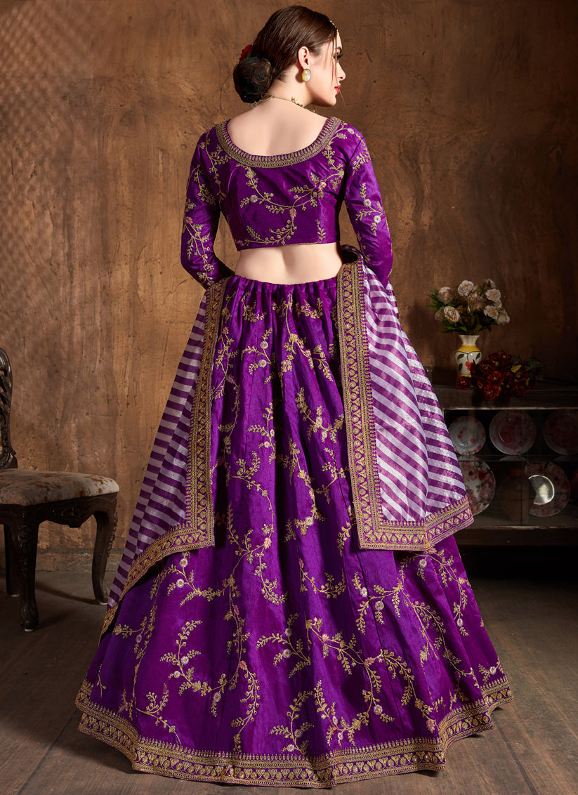 Striking Purple Mulberry Silk Embroidered Designer Lehenga Choli