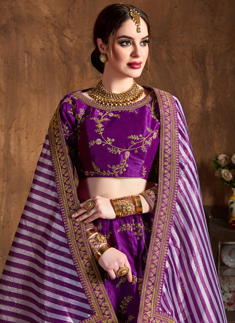 Striking Purple Mulberry Silk Embroidered Designer Lehenga Choli