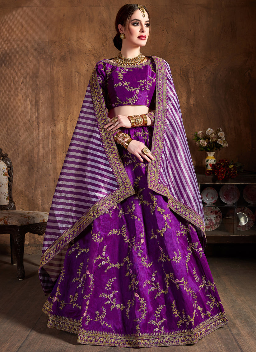 Striking Purple Mulberry Silk Embroidered Designer Lehenga Choli