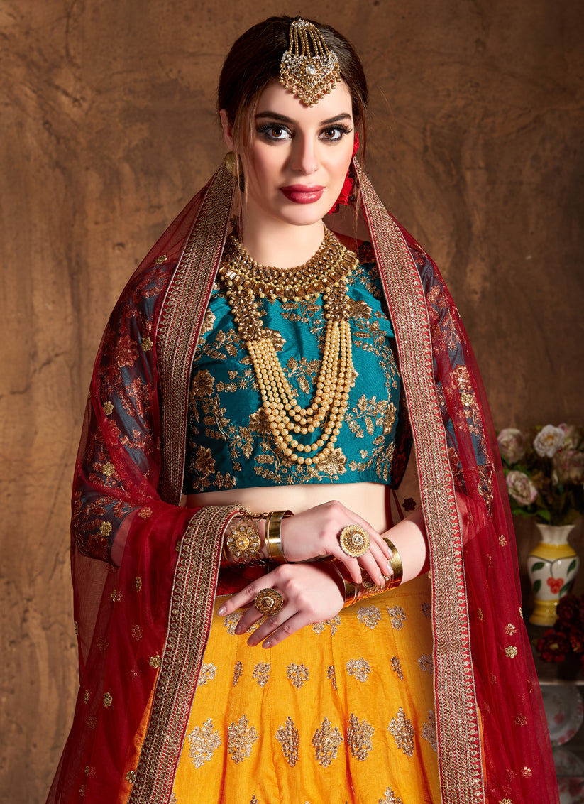 Flawless Yellow Banarasi Silk Embroidered Designer Lehenga Choli
