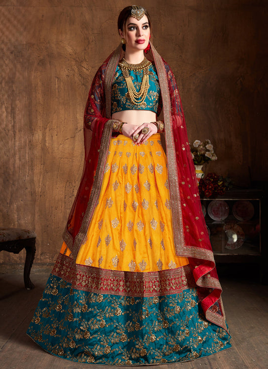Flawless Yellow Banarasi Silk Embroidered Designer Lehenga Choli