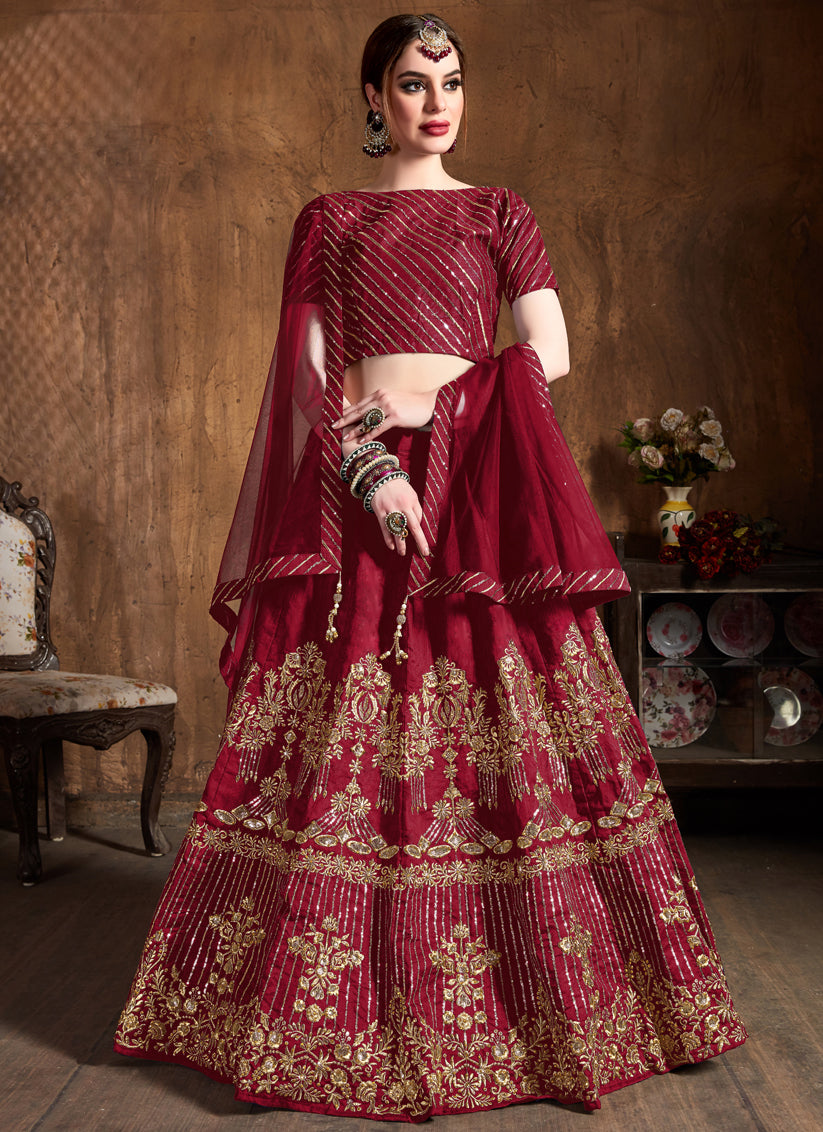 Charismatic Red Art Silk Embroidered Designer Lehenga Choli